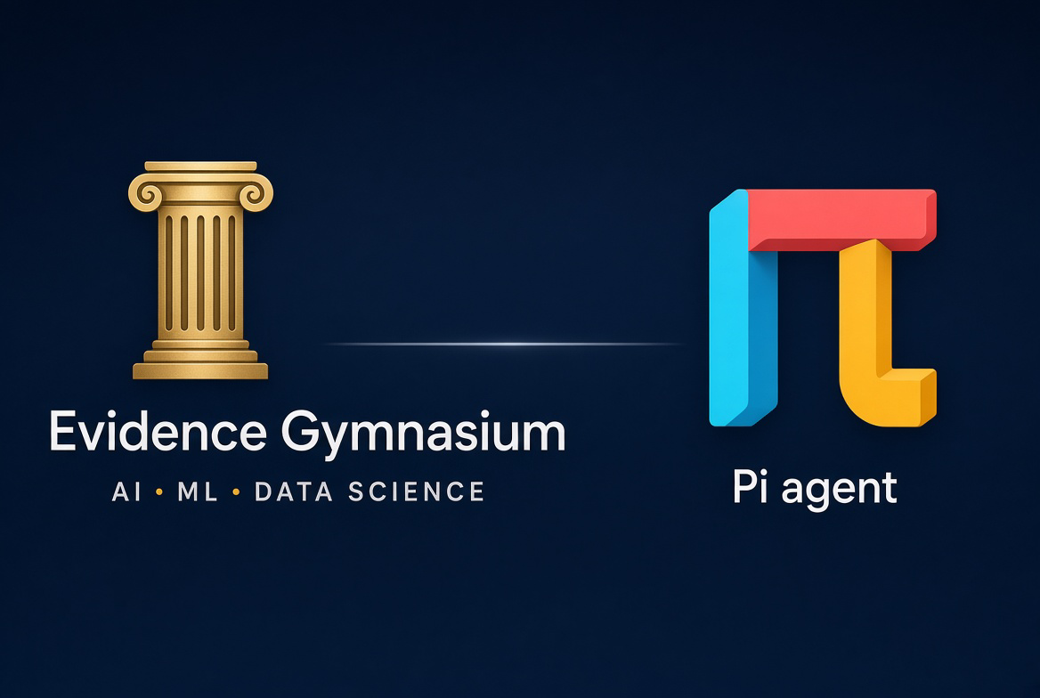 Evidence Gymnasium and Pi agent logos on a dark blue background.